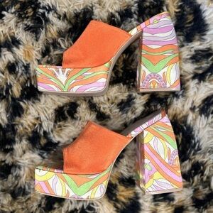 Orange Platform Mule Heels Psychedelic Print Block Heel Sandals Size 10